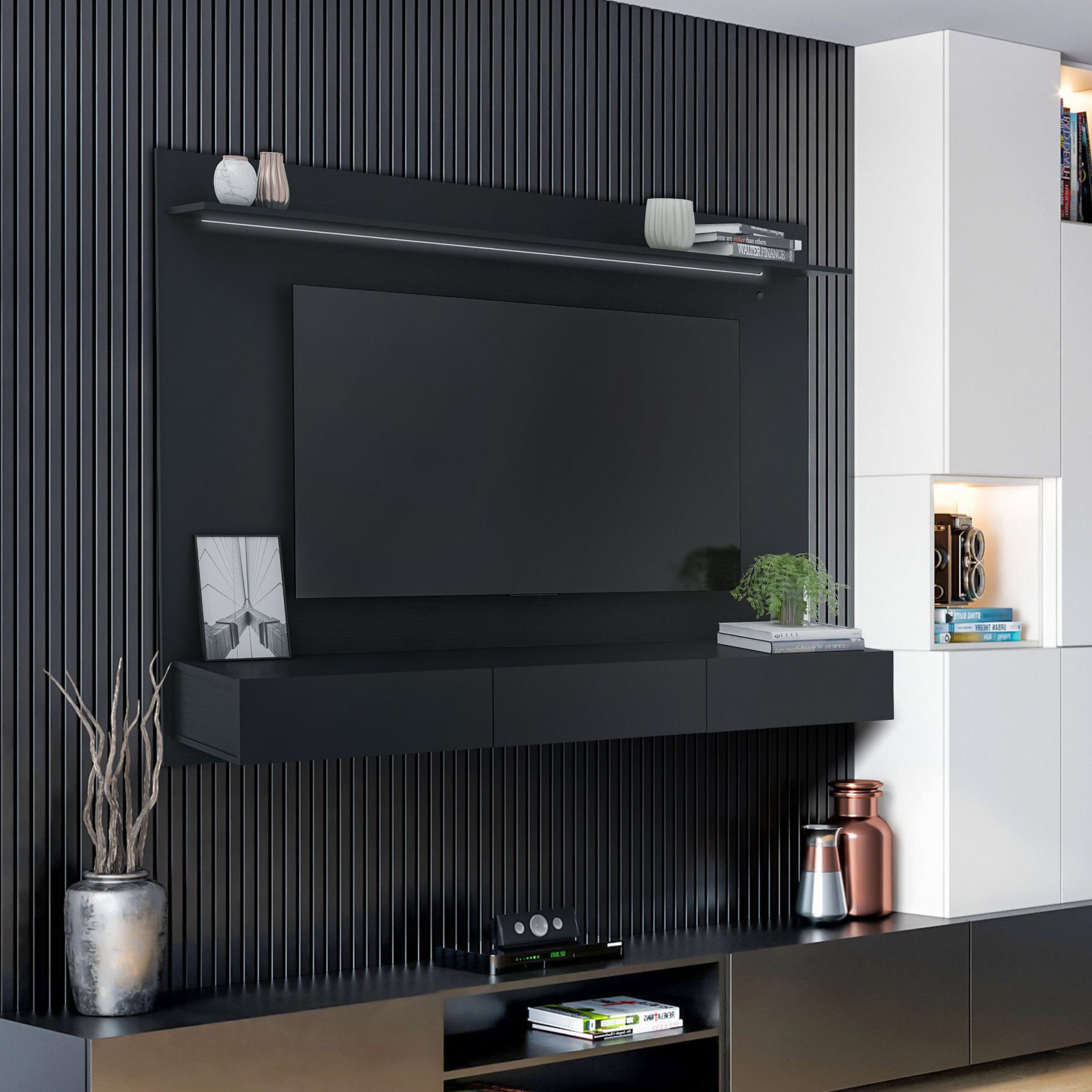 Latitude Run® Benne Floating Entertainment Center, Floating TV Stand, Wall Mounted Entertainment ...